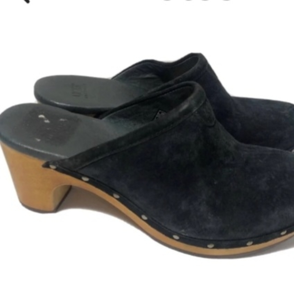UGG Black Suede Mules with Wooden Heel